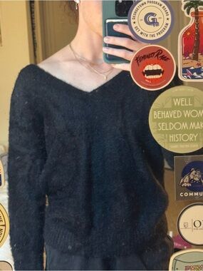 Black V-Neck Fuzzy Knit Sweater